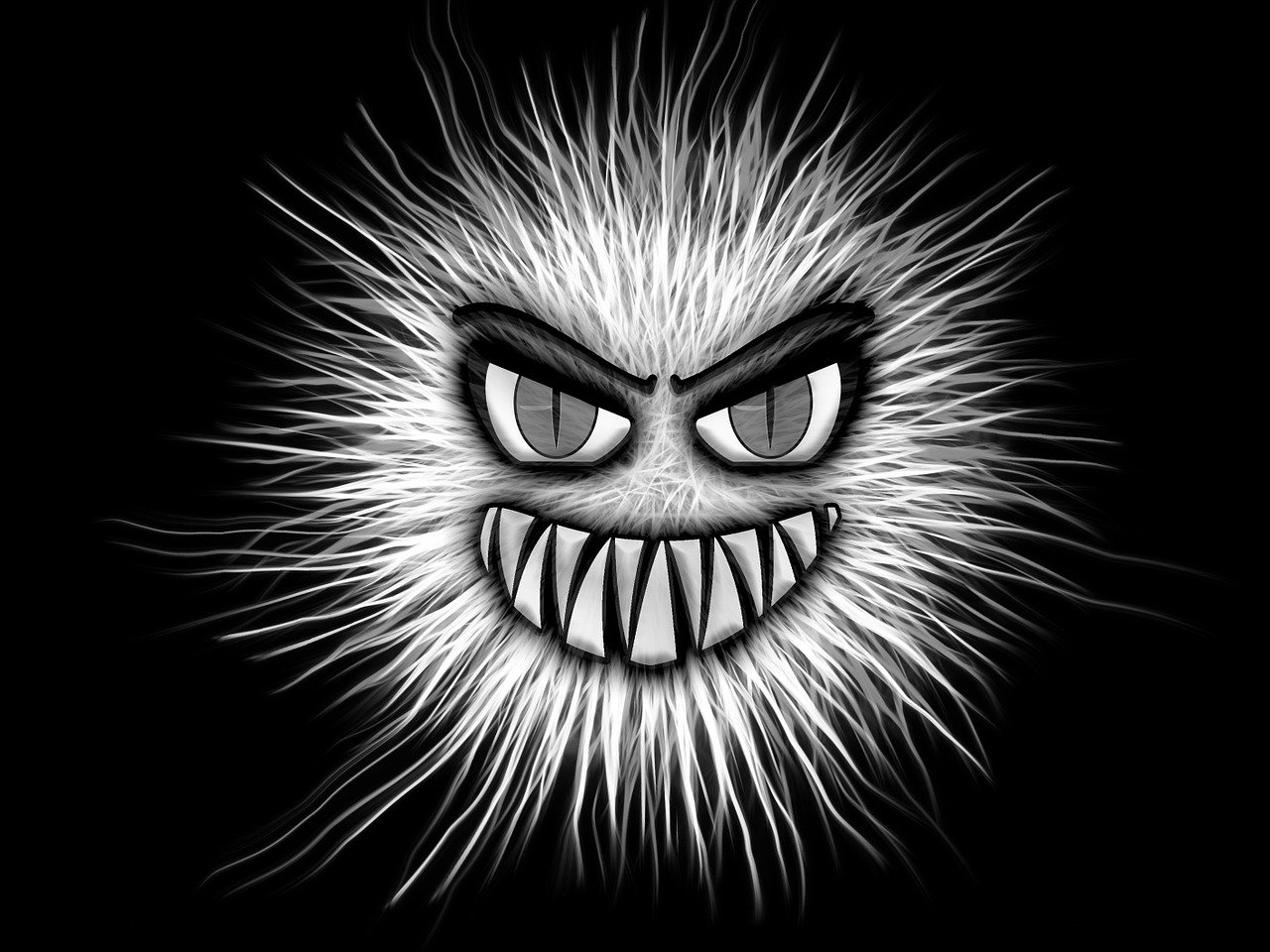 Depiction of a white ball of fuzzy hair with a menacing face overlayed.